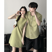 小众设计感情侣装夏季韩版短袖衬衫男女连衣裙法式一裙一衣ins潮