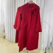红色蝴蝶结双面呢大衣女春结婚新年红中长款韩版气质毛呢外套