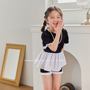 peachpie韩国童装2024夏女孩，儿童拼接荷叶摆上衣打底裤套装