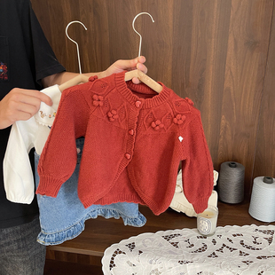 1-5岁女宝宝质感菠萝纹毛衣，4女婴儿秋装2023女童，针织开衫外套