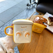 创意吐司陶瓷杯带盖勺马克杯可爱水杯子男女学生情侣杯家用咖啡杯