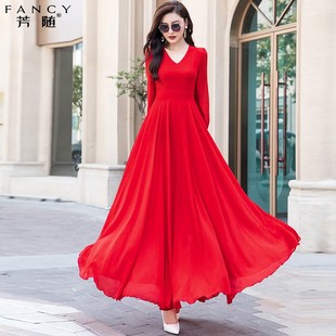 红色连衣裙女2024春季名媛气质旅游拍照显瘦雪纺打底长裙子
