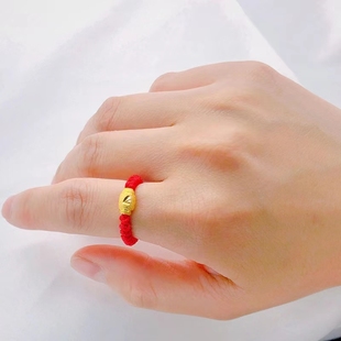 红绳转运珠戒指女编织弹力，绳镀金仿真黄金久不掉色沙金指环首饰