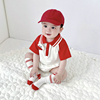 夏季韩版男女婴童宝宝休闲运动风翻领红白拼接卡通立体包屁衣