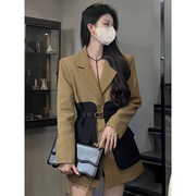 潮流高货大码女韩版复古时尚气质中长款撞色拼接西装外套洋气工装