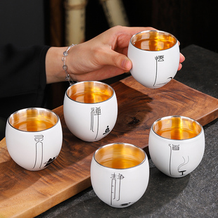 银杯子999纯银茶杯鎏银主人杯中式陶瓷定窑禅定杯单个手绘品茗杯