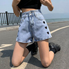 浅色排扣牛仔短裤2021夏季新版韩版高腰，刺绣爱心阔腿哈伦热裤