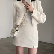 韩国chic复古小香风圆领单排扣长袖短外套+高腰包臀半身裙套装女