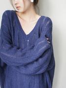 韩国蓝紫色V领温柔风镂空套头针织衫女2023春秋慵懒宽松毛衣上衣