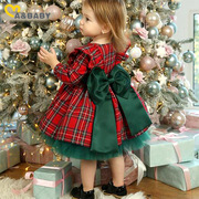圣诞节外贸节日童装女童格子长袖连衣裙大蝴蝶结网纱公主裙