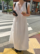 韩国chic夏季法式优雅v领蕾丝拼接高腰宽松无袖，背心连衣裙长裙女