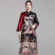 中国风龙袍女旗袍改良版连衣裙，女秋冬长袖复古刺绣，中式大码胖mm裙