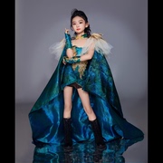 女童走秀演出拍照礼服T台比赛中国风孔雀绿国潮新中式儿童套装