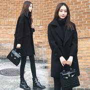 韩版宽松显瘦黑色呢子大衣中长款毛呢外套女潮加棉厚反季秋冬