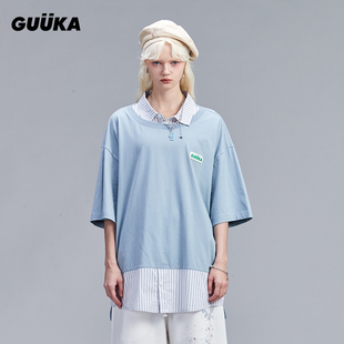 GUUKA潮牌衬衫领拼接假两件短袖T恤女情侣嘻哈条纹POLO衫半袖宽松