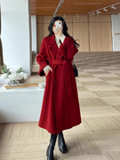 红色呢子大衣女中长款秋冬高级感本命年气质红色系带毛呢外套