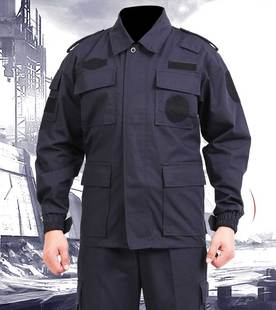秋冬季黑蓝色涤棉网格保安服，长袖工作服套装男耐磨加厚工装训练服