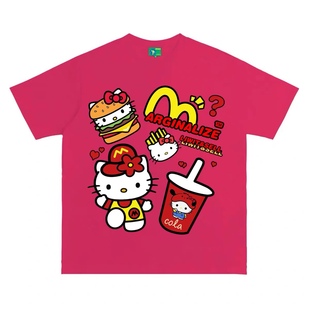 美式卡通凯蒂猫印花玫红色短袖t恤女夏季宽松重磅纯棉上衣ins