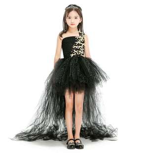 童黑色礼服公主裙儿童模特走秀礼服拖尾钢琴演出服蓬蓬裙结
