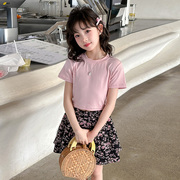 女童2024夏季甜美设计感后背镂空绑带短袖碎花裙洋气套装韩版