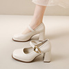 法式白色玛丽珍高跟鞋女2024春季女鞋配裙子，皮鞋气质粗跟单鞋