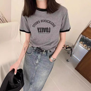 气质灰色撞色字母短袖T恤 夏季韩系chic休闲短款小衫