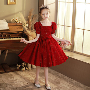 儿童公主裙花童红色女童钢琴，小女孩主持人高端礼服演出服生日洋气