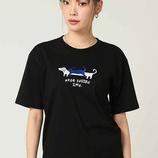 日系小众NI猫狗刺绣华夫格黑色圆领短袖t恤女夏季个性休闲上衣tee