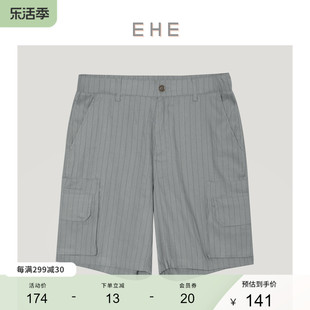 EHE男装 夏季灰绿色亚麻条纹工装风宽松休闲短裤男裤子