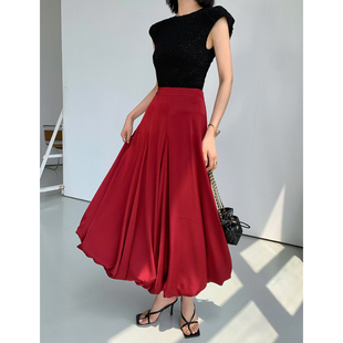 WANGXO酒红色高腰半身裙女夏季2023年设计感蓬蓬花苞裙大下摆裙子