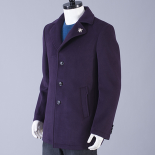 男士西装领羊毛呢子大衣中长款单排扣风衣外套紫红色秋冬季上衣男