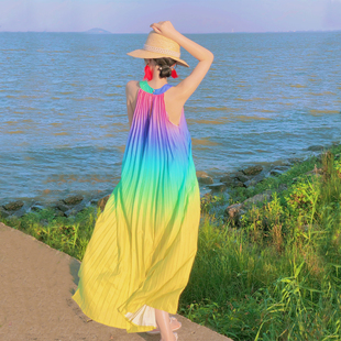 海边度假连衣裙长裙旅游黄色大码沙滩吊带适合海滩，夏季粉色女渡假