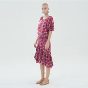 原创设计Lou de Nannan酒红色泡泡袖花朵气质收腰提花针织连衣裙