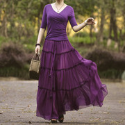 紫香素心自制紫色半身裙，春夏a字，系带超大摆显瘦跳舞长裙