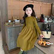 韩国童装女童长袖连衣裙秋装儿童纯色公主裙小女孩百搭修身长裙子