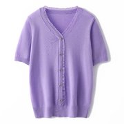 紫色细羊毛V领短袖T恤女夏季宽松显瘦针织衫纽扣半袖背心上衣