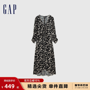 Gap女装秋季法式气质印花V领长袖连衣裙时尚复古泡泡袖洋装792429
