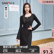 三福连衣裙2024春季修身设计感方领斜开叉收腰显瘦长裙子女装