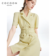 missCOCOON西装连衣裙夏款法式温柔风系带嫩黄色裙子