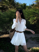 nevahu法式白色衬衫连衣裙，女度假风，夏季宽松长袖小个子短裙