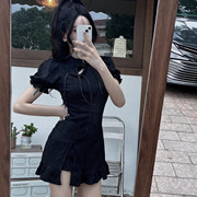 别致甜辣裙子收腰2024年夏季改良版气质黑色旗袍短袖连衣裙女