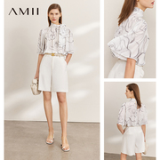 Amii2024夏季雪纺衫女洋气时尚印花飘带短袖衬衫花瓣袖上衣女