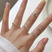 彩虹糖果色链条抽拉戒指，女高级感爱心，几何s925银可调节指环食指戒