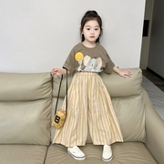 女童短袖t恤春夏装2024韩版时髦儿童卡通，半袖打底衫阔腿裤潮