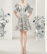 越南小众设计师女装春夏季水墨画印花泡泡袖，气质连衣短裙