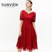 尚约v领短袖钉珠刺绣礼服连衣裙，红色性感收腰蕾丝女礼服裙修身裙