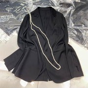 2024夏季时尚杂志风女士个性西装黑色真丝桑蚕丝一粒扣西服气质