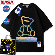 NASA联名夏季黑色纯棉短袖休闲T恤情侣印花小熊宽松打底上衣