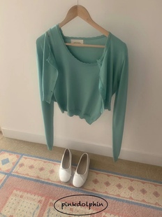 ！韩国东大门2024春季女装pinkdolphin蓝绿色开衫外套上衣