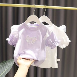 女宝宝网纱短袖0岁5童装女宝宝小飞袖上衣婴儿童蝴蝶结t恤